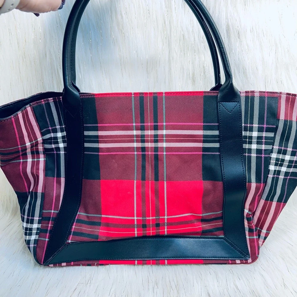 Victorias Secret Womens Tote Bag Multicolor Plaid Embroidered Dual Handle M